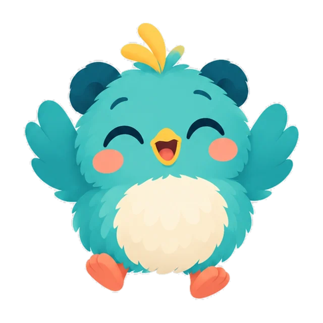 Chiqui, la mascota de Chiquinova: un pajarito redondo y turquesa que saluda con un ala