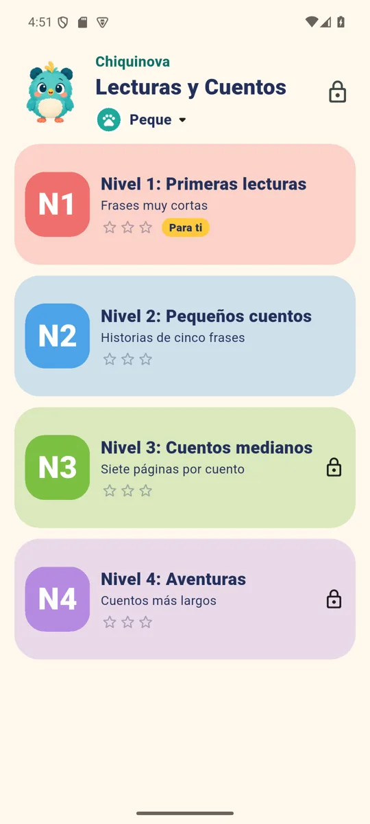 Pantalla de Chiquinova Lecturas y Cuentos