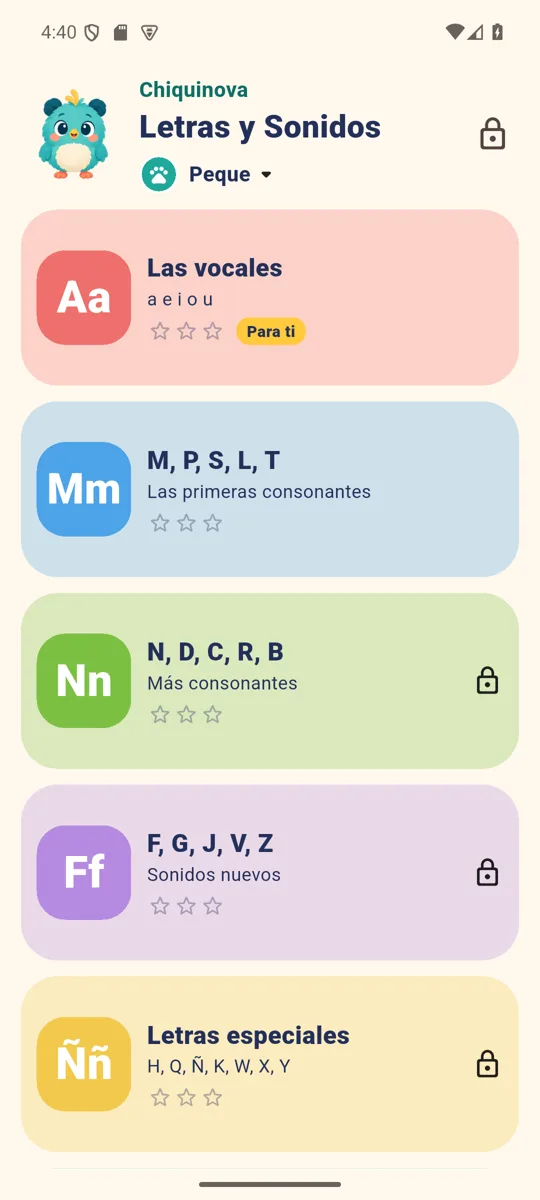 Pantalla de Chiquinova Letras y Sonidos