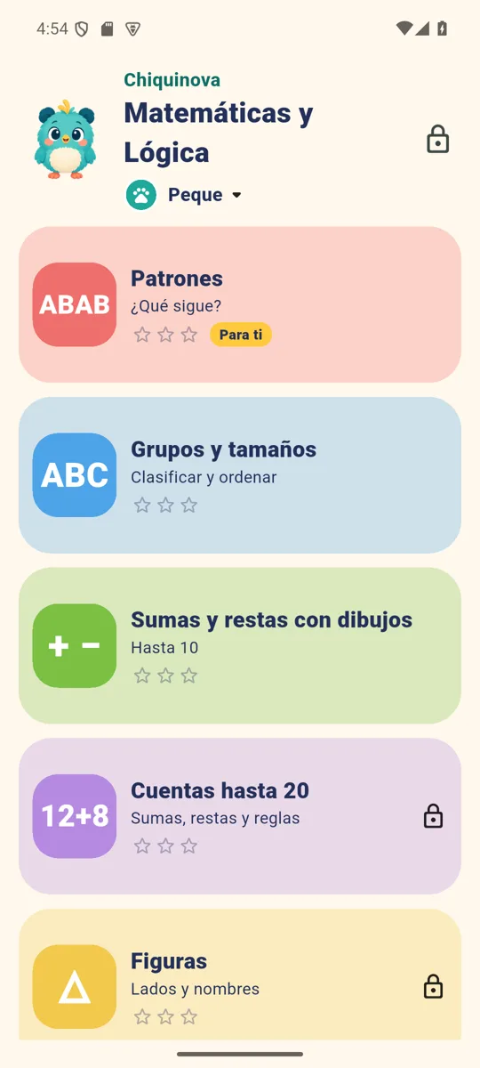 Pantalla de Chiquinova Matemáticas y Lógica
