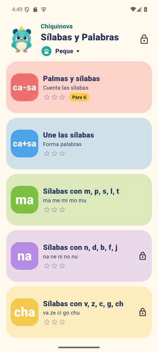 Pantalla de Chiquinova Sílabas y Palabras